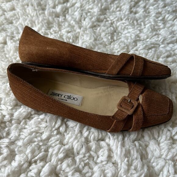 Jimmy Choo Suede Buckle Front Flat Loafers Nice Brown Neutral Textured - Picture 9 of 12